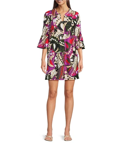 Jude Connally Kerry Butterfly Mosaic Print Split V-Neck 3/4 Bell Sleeve Knit Shift Dress