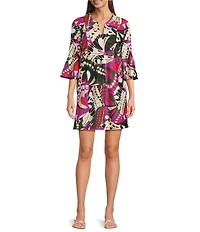 Jude Connally Kerry Butterfly Mosaic Print Split V-Neck 3/4 Bell Sleeve Knit Shift Dress