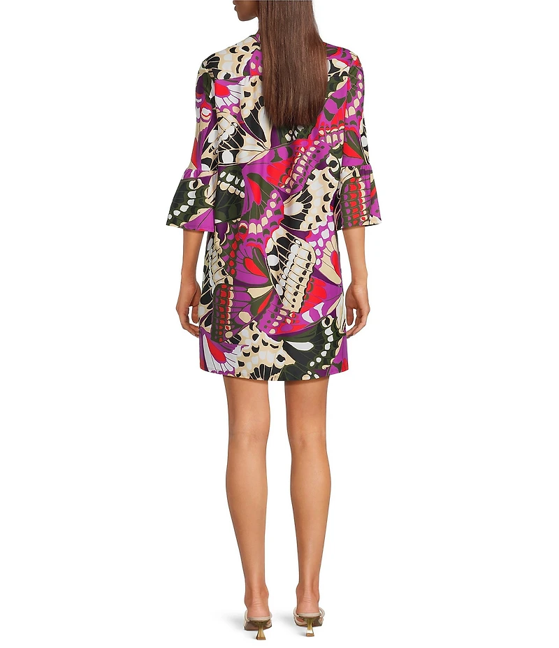 Jude Connally Kerry Butterfly Mosaic Print Split V-Neck 3/4 Bell Sleeve Knit Shift Dress