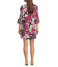 Jude Connally Kerry Butterfly Mosaic Print Split V-Neck 3/4 Bell Sleeve Knit Shift Dress