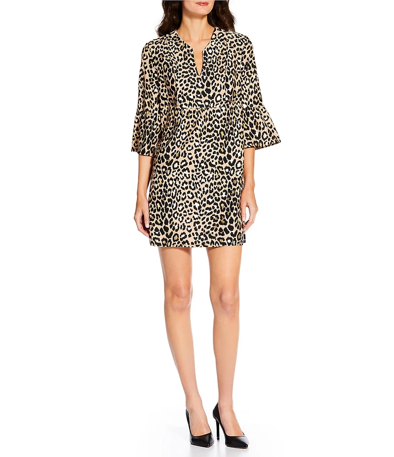Jude Connally Kerry Cheetah Gold Print Split V-Neck 3/4 Bell Sleeve Knit Shift Dress