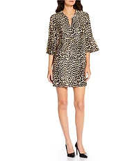 Jude Connally Kerry Cheetah Gold Print Split V-Neck 3/4 Bell Sleeve Knit Shift Dress