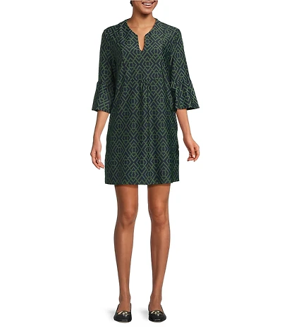 Jude Connally Kerry Garden Lattice Loden Print Split V-Neck 3/4 Bell Sleeve Knit Shift Dress
