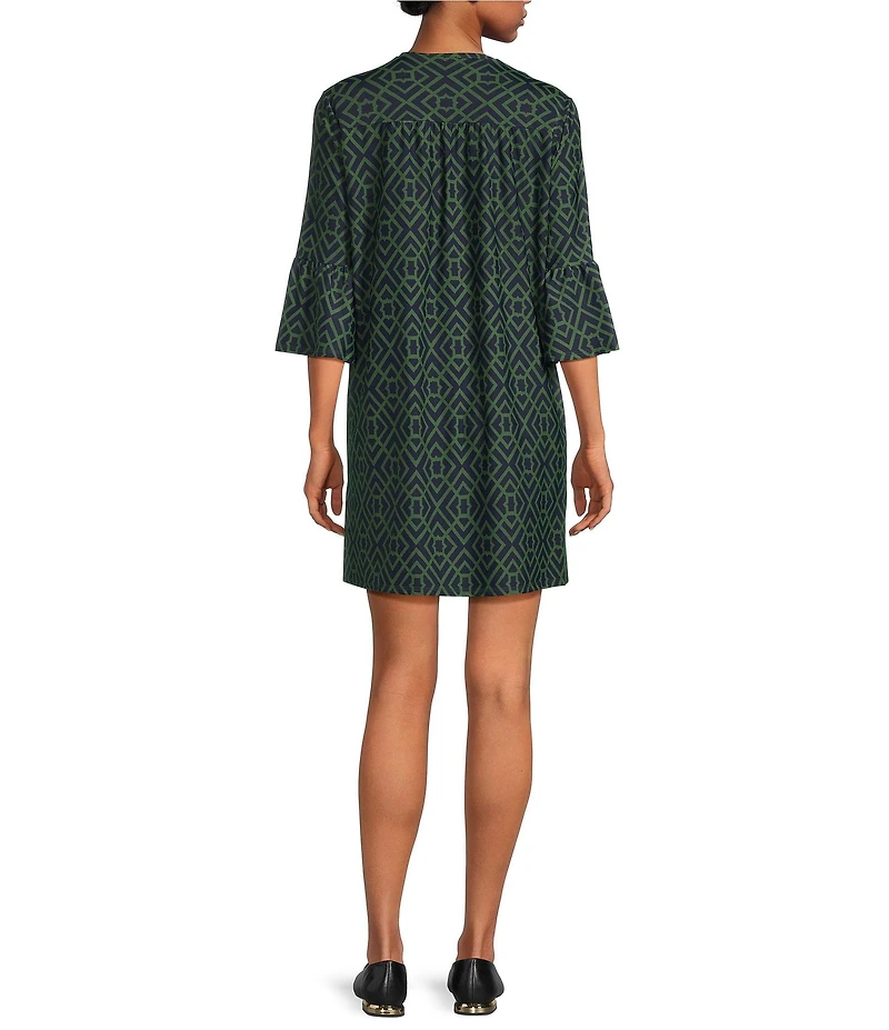 Jude Connally Kerry Garden Lattice Loden Print Split V-Neck 3/4 Bell Sleeve Knit Shift Dress