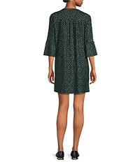 Jude Connally Kerry Garden Lattice Loden Print Split V-Neck 3/4 Bell Sleeve Knit Shift Dress