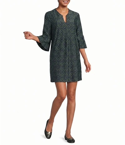 Jude Connally Kerry Garden Lattice Loden Print Split V-Neck 3/4 Bell Sleeve Knit Shift Dress