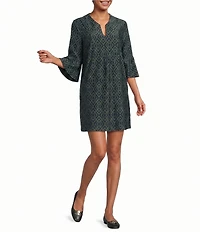 Jude Connally Kerry Garden Lattice Loden Print Split V-Neck 3/4 Bell Sleeve Knit Shift Dress