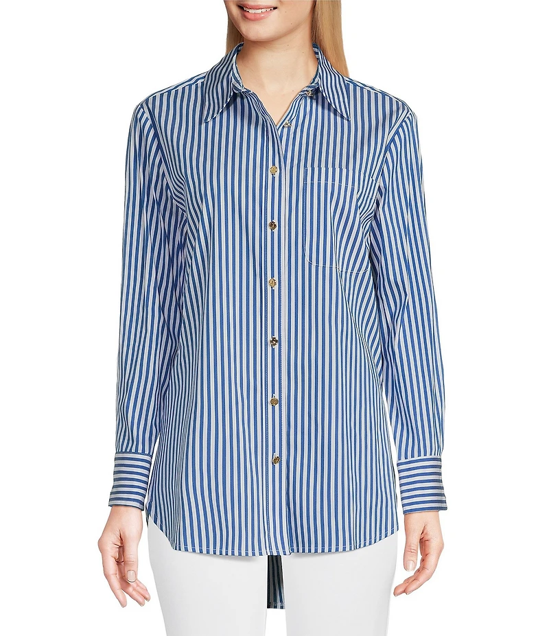 Jude Connally Kimber Cotton Stripe Point Collar Curved High-Low Long Sleeve Button-Front Shirt