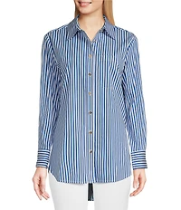 Jude Connally Kimber Cotton Stripe Point Collar Curved High-Low Long Sleeve Button-Front Shirt