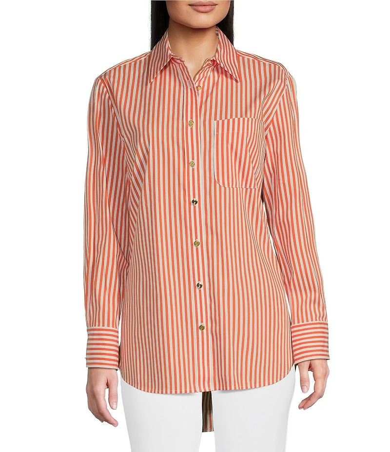 Jude Connally Kimber Cotton Stripe Point Collar Curved High-Low Long Sleeve Button-Front Shirt