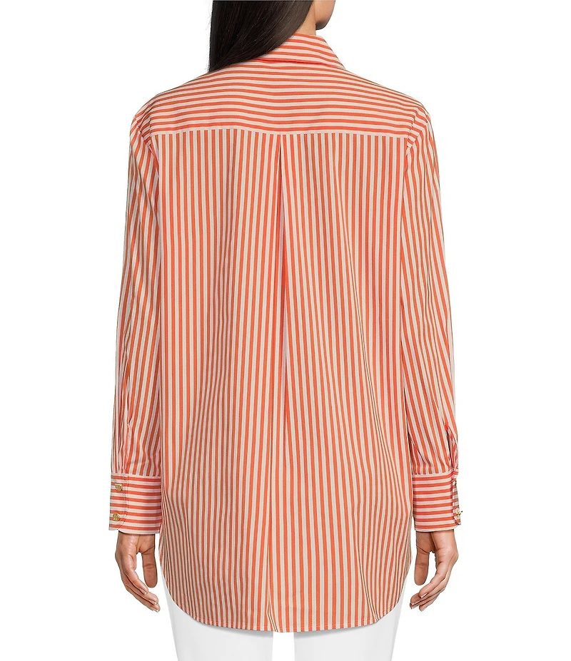 Jude Connally Kimber Cotton Stripe Point Collar Curved High-Low Long Sleeve Button-Front Shirt