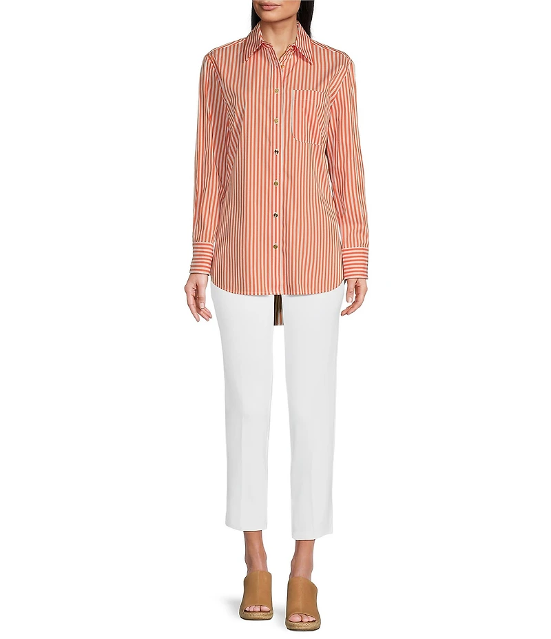 Jude Connally Kimber Cotton Stripe Point Collar Curved High-Low Long Sleeve Button-Front Shirt