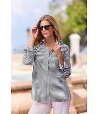 Jude Connally Kimber Cotton Stripe Point Collar Curved High-Low Long Sleeve Button-Front Shirt