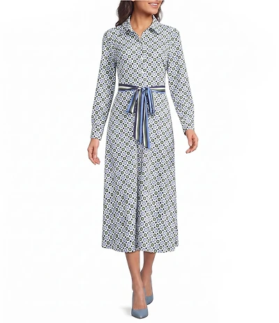 Jude Connally Kitty Birdseye Geo Print Point Collar Long Sleeve Button Front Tie Waist Midi Dress