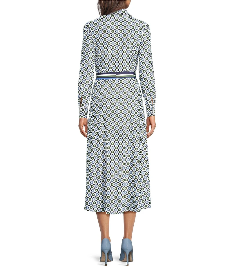 Jude Connally Kitty Birdseye Geo Print Point Collar Long Sleeve Button Front Tie Waist Midi Dress
