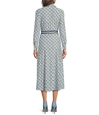 Jude Connally Kitty Birdseye Geo Print Point Collar Long Sleeve Button Front Tie Waist Midi Dress