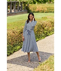 Jude Connally Kitty Birdseye Geo Print Point Collar Long Sleeve Button Front Tie Waist Midi Dress