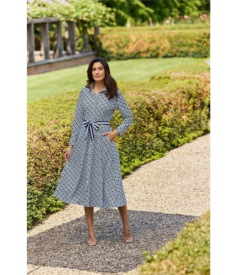 Jude Connally Kitty Birdseye Geo Print Point Collar Long Sleeve Button Front Tie Waist Midi Dress