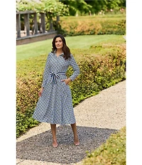 Jude Connally Kitty Birdseye Geo Print Point Collar Long Sleeve Button Front Tie Waist Midi Dress