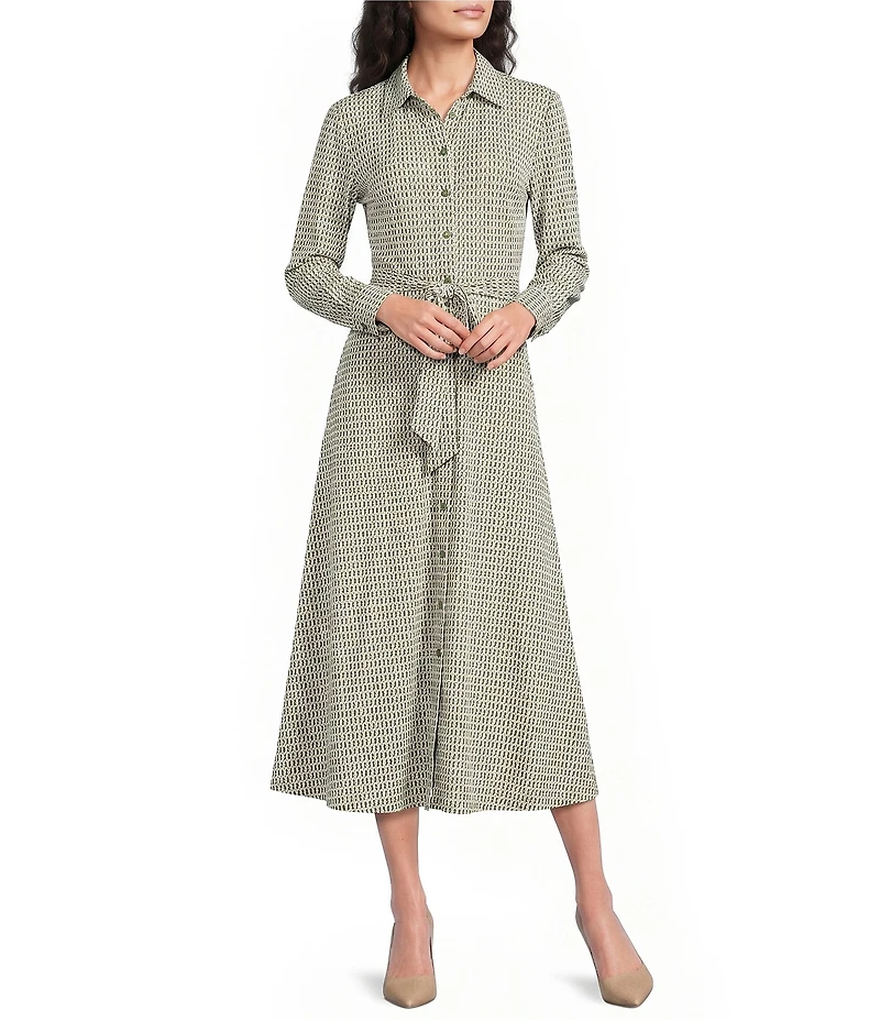 Jude Connally Kitty Braided Geo Loden Print Point Collar Long Sleeve Button Front Tie Waist Midi Dress