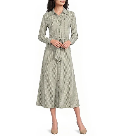 Jude Connally Kitty Braided Geo Loden Print Point Collar Long Sleeve Button Front Tie Waist Midi Dress