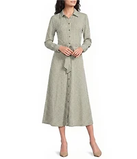 Jude Connally Kitty Braided Geo Loden Print Point Collar Long Sleeve Button Front Tie Waist Midi Dress