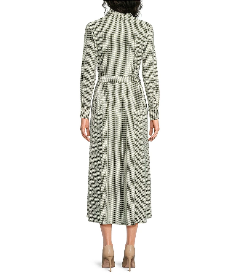 Jude Connally Kitty Braided Geo Loden Print Point Collar Long Sleeve Button Front Tie Waist Midi Dress