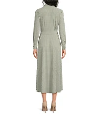 Jude Connally Kitty Braided Geo Loden Print Point Collar Long Sleeve Button Front Tie Waist Midi Dress
