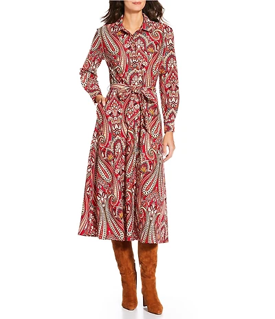 Jude Connally Kitty Italian Paisley Claret Print Point Collar Long Sleeve Button Front Tie Waist Maxi Dress