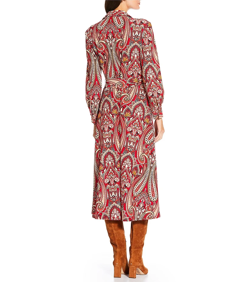 Jude Connally Kitty Italian Paisley Claret Print Point Collar Long Sleeve Button Front Tie Waist Maxi Dress