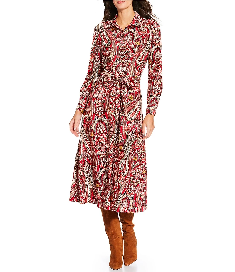 Jude Connally Kitty Italian Paisley Claret Print Point Collar Long Sleeve Button Front Tie Waist Maxi Dress