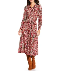 Jude Connally Kitty Italian Paisley Claret Print Point Collar Long Sleeve Button Front Tie Waist Maxi Dress