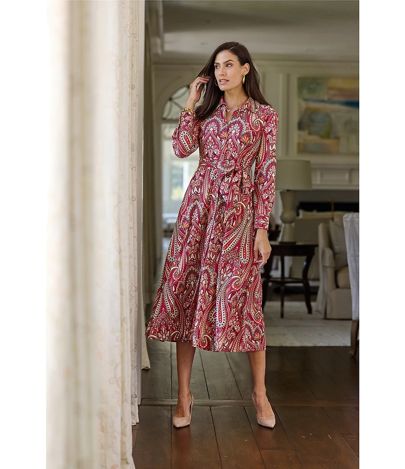 Jude Connally Kitty Italian Paisley Claret Print Point Collar Long Sleeve Button Front Tie Waist Maxi Dress