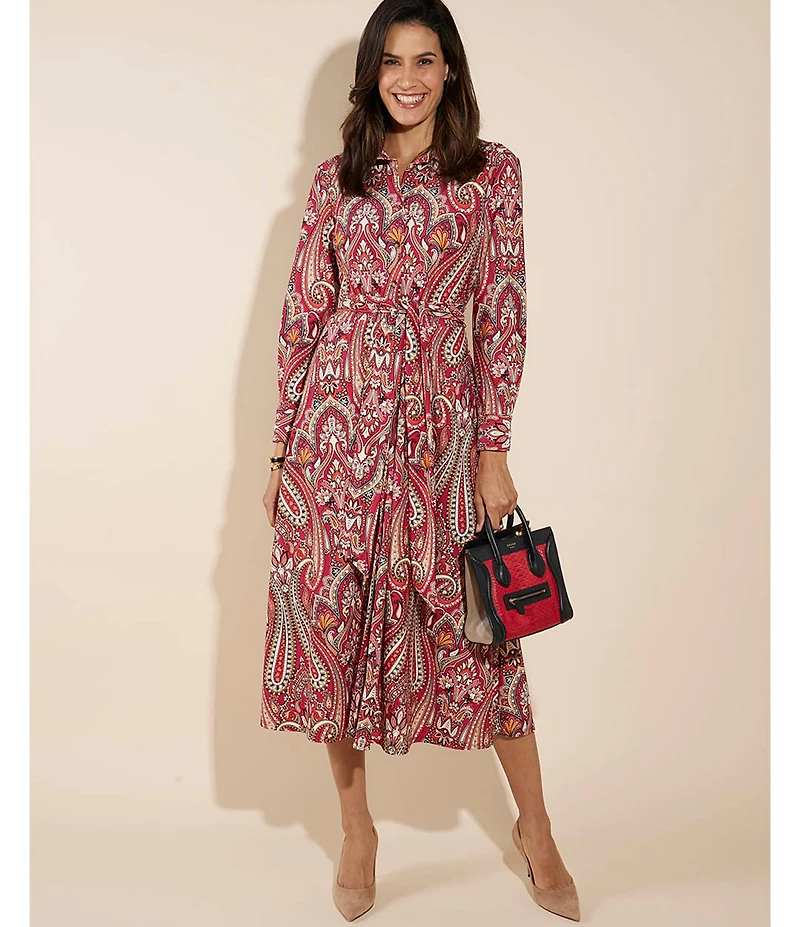 Jude Connally Kitty Italian Paisley Claret Print Point Collar Long Sleeve Button Front Tie Waist Maxi Dress