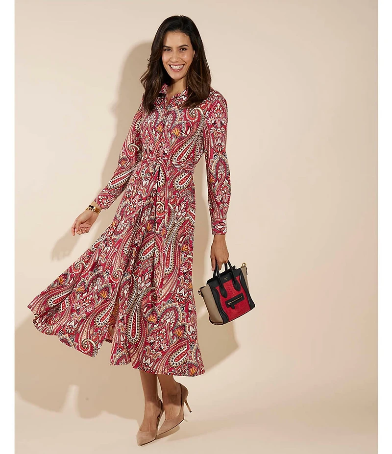 Jude Connally Kitty Italian Paisley Claret Print Point Collar Long Sleeve Button Front Tie Waist Maxi Dress