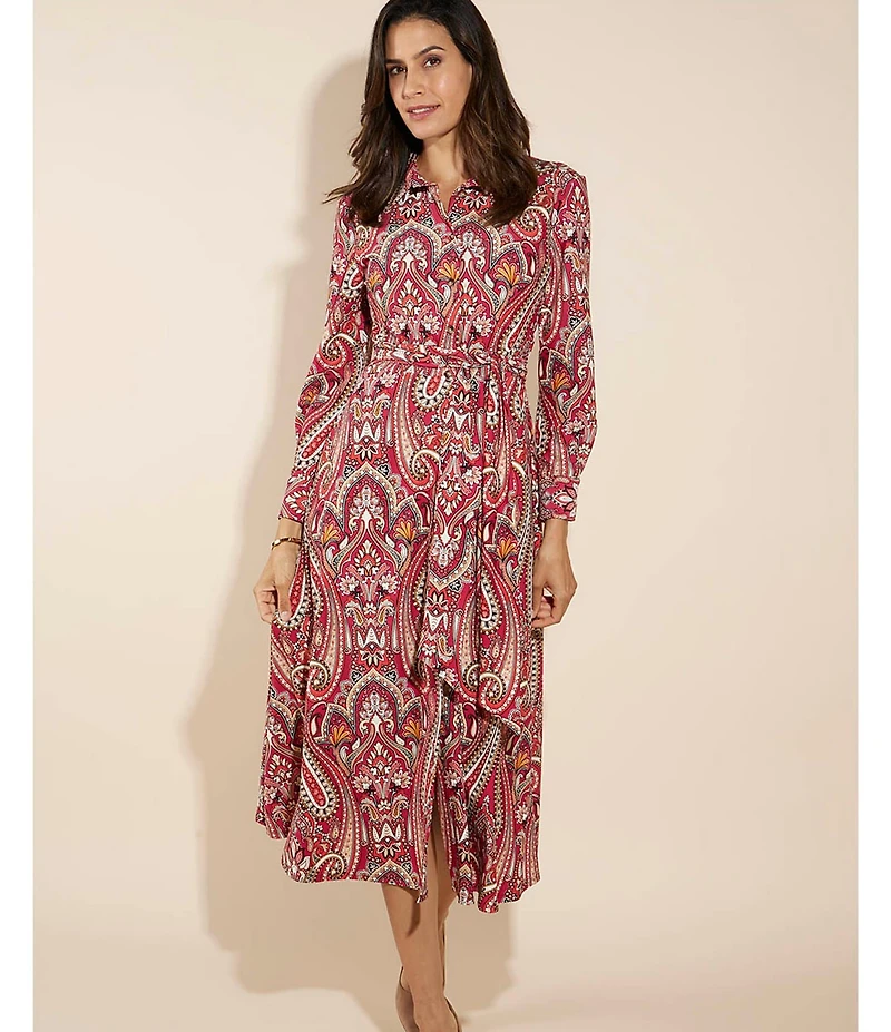 Jude Connally Kitty Italian Paisley Claret Print Point Collar Long Sleeve Button Front Tie Waist Maxi Dress
