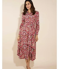 Jude Connally Kitty Italian Paisley Claret Print Point Collar Long Sleeve Button Front Tie Waist Maxi Dress