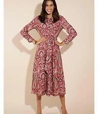 Jude Connally Kitty Italian Paisley Claret Print Point Collar Long Sleeve Button Front Tie Waist Maxi Dress