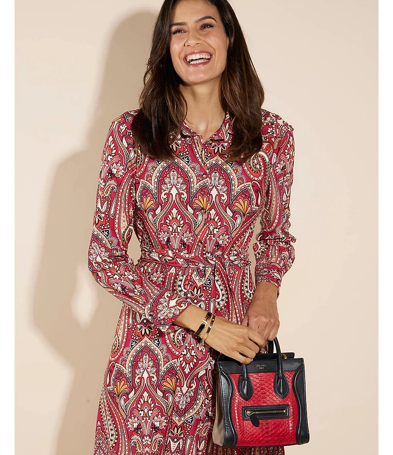 Jude Connally Kitty Italian Paisley Claret Print Point Collar Long Sleeve Button Front Tie Waist Maxi Dress