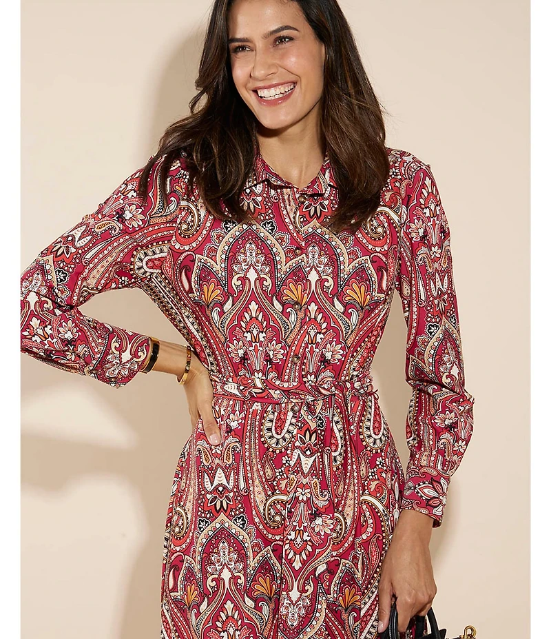 Jude Connally Kitty Italian Paisley Claret Print Point Collar Long Sleeve Button Front Tie Waist Maxi Dress