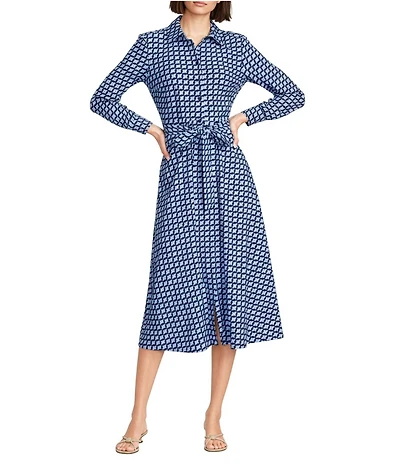 Jude Connally Kitty Square Dot Print Point Collar Long Sleeve Button Front Tie Waist Maxi Dress