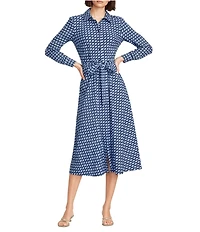 Jude Connally Kitty Square Dot Print Point Collar Long Sleeve Button Front Tie Waist Maxi Dress