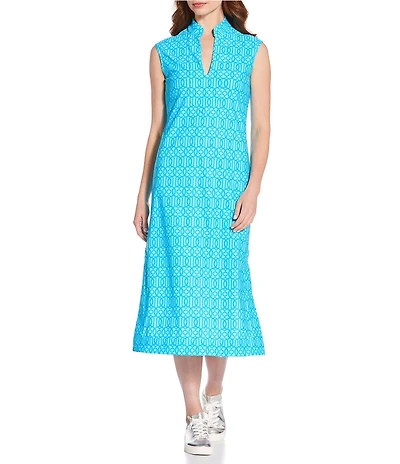 Jude Connally Kristen Bamboo Dot Seaglass Print Jude Cloth Stretch Knit Wrinkle-Free Split V-Neck Sleeveless A-Line Midi Dress