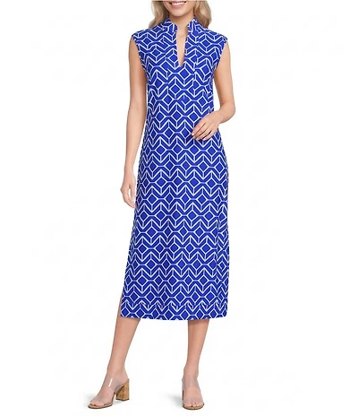 Jude Connally Kristen Seaglass Print Jude Cloth Stretch Knit Wrinkle-Free Split V-Neck Sleeveless A-Line Midi Dress