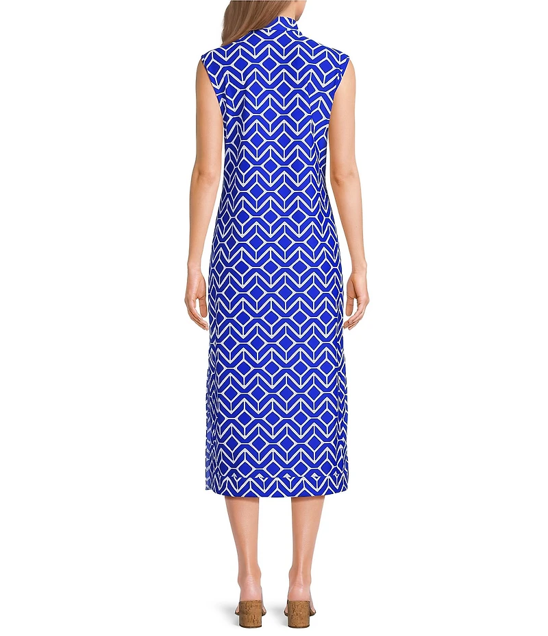 Jude Connally Kristen Seaglass Print Jude Cloth Stretch Knit Wrinkle-Free Split V-Neck Sleeveless A-Line Midi Dress