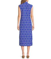 Jude Connally Kristen Seaglass Print Jude Cloth Stretch Knit Wrinkle-Free Split V-Neck Sleeveless A-Line Midi Dress
