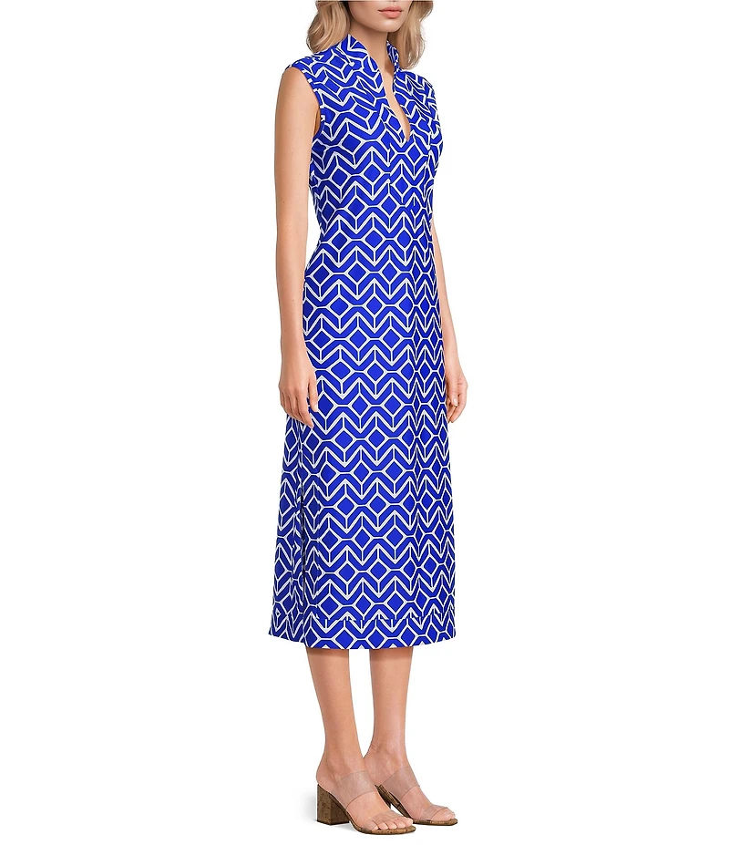 Jude Connally Kristen Seaglass Print Jude Cloth Stretch Knit Wrinkle-Free Split V-Neck Sleeveless A-Line Midi Dress