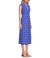 Jude Connally Kristen Seaglass Print Jude Cloth Stretch Knit Wrinkle-Free Split V-Neck Sleeveless A-Line Midi Dress