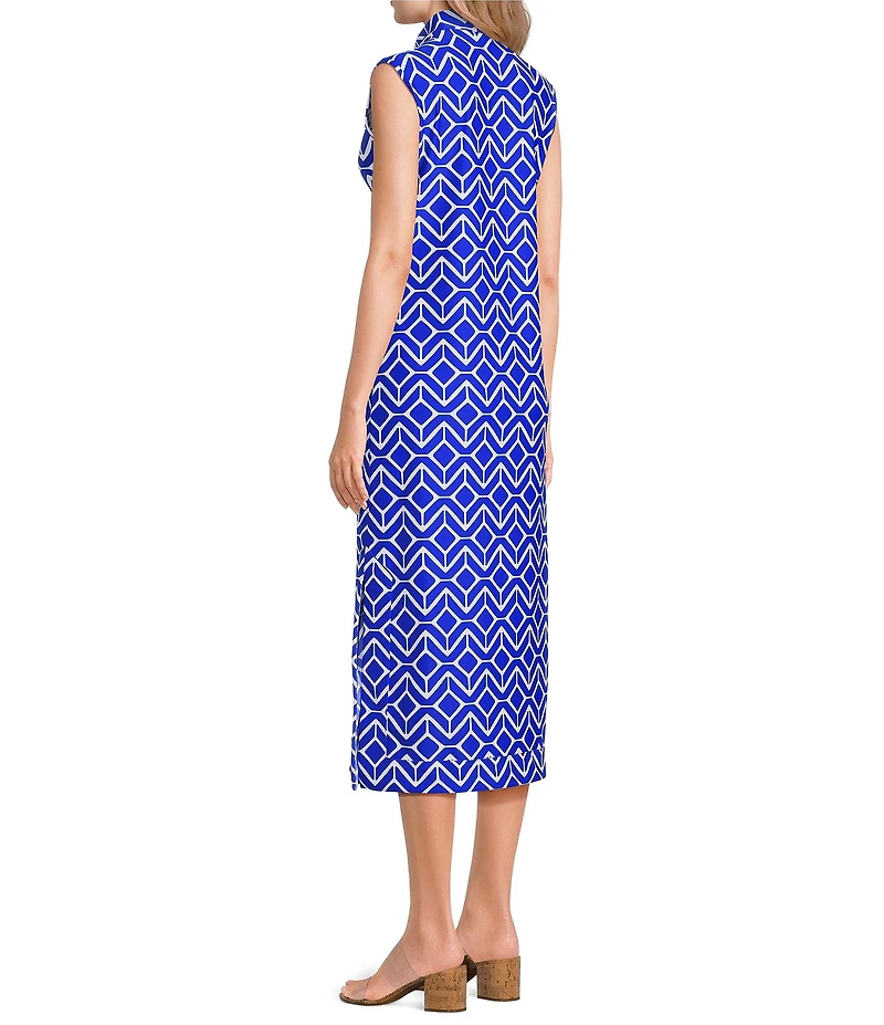 Jude Connally Kristen Seaglass Print Jude Cloth Stretch Knit Wrinkle-Free Split V-Neck Sleeveless A-Line Midi Dress