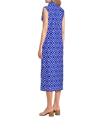 Jude Connally Kristen Seaglass Print Jude Cloth Stretch Knit Wrinkle-Free Split V-Neck Sleeveless A-Line Midi Dress